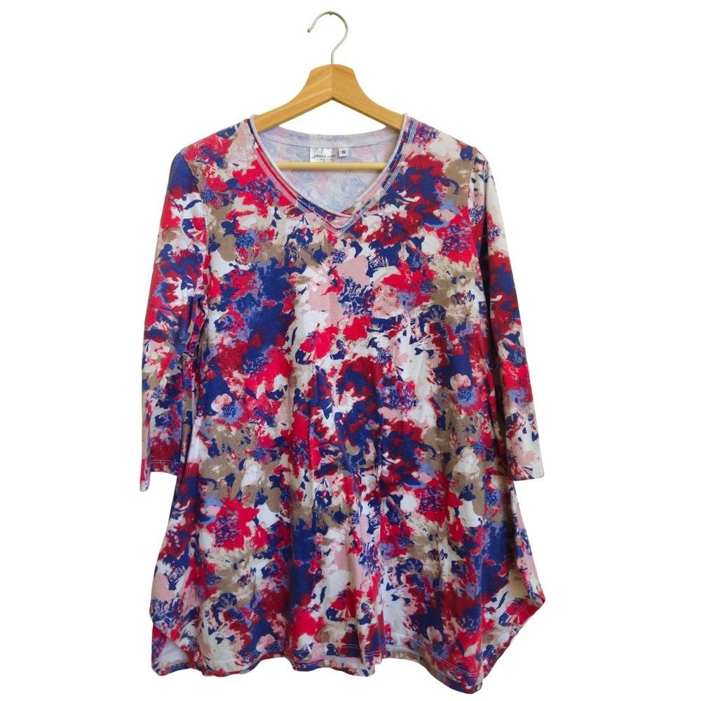 Prairie Cotton Tunic Red Blue Abstract Floral V-Neck 3/4 Sleeve Lagenlook Size S
